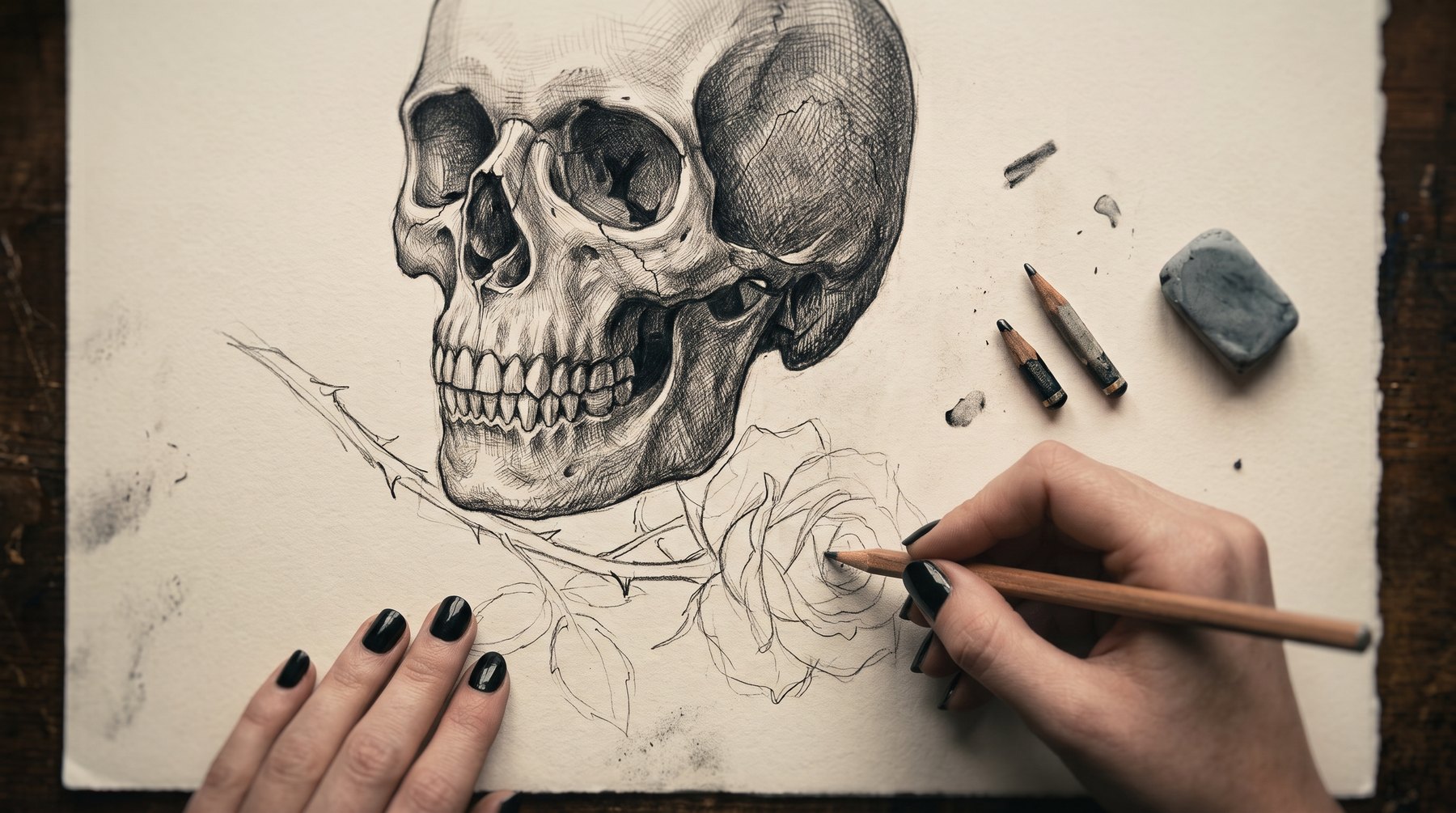 The skull and rose part way through being drawn, in pencil on paper.